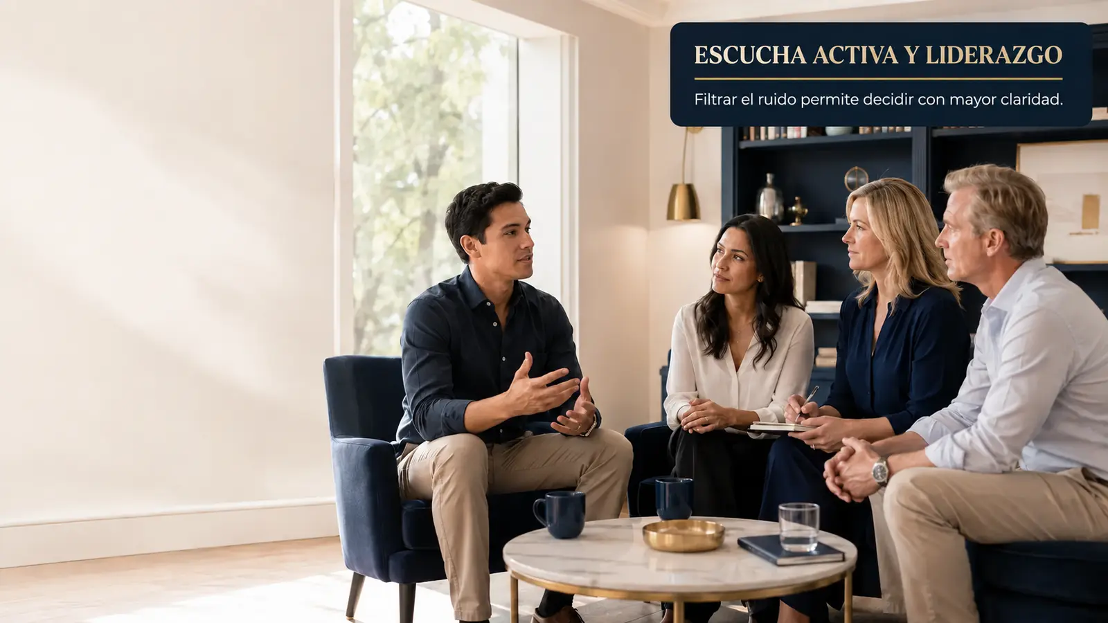 Profesionales de mediana edad practicando escucha atenta durante una conversación de liderazgo