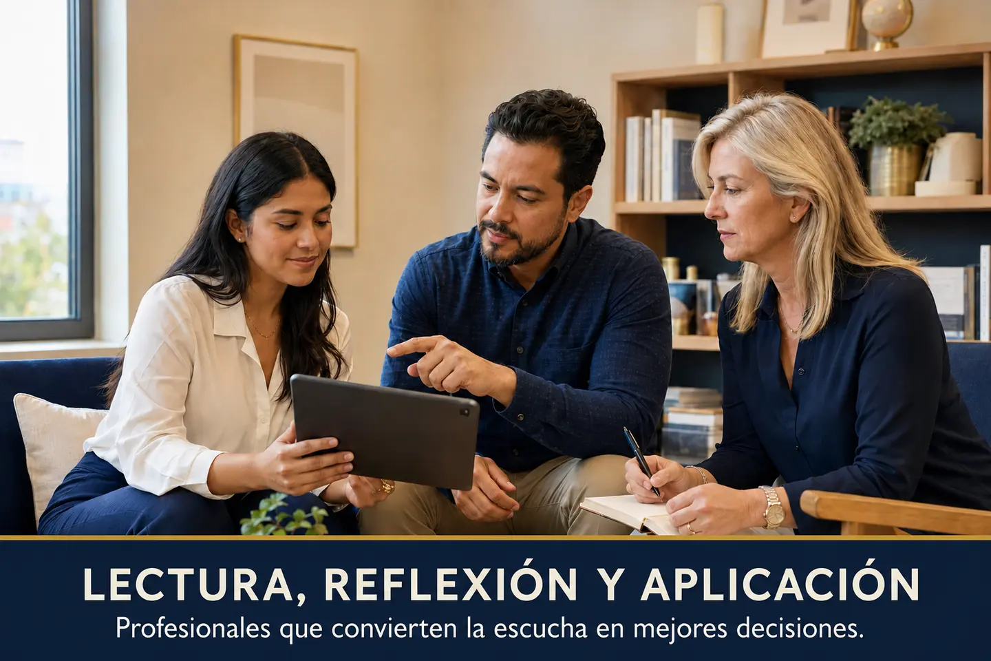 Profesionales adultos leyendo y reflexionando sobre un eBook en una tableta